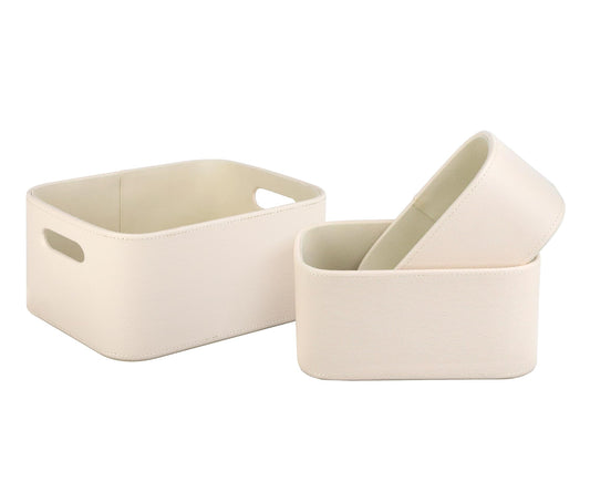 HofferRuffer Faux Leather Storage Baskets Bins with Velvet Lining for Organizing, Storage, Gifts, Set of 3 Nesting Shelf Baskets Decorative Storage Boxes for Home Organization (Cream White)