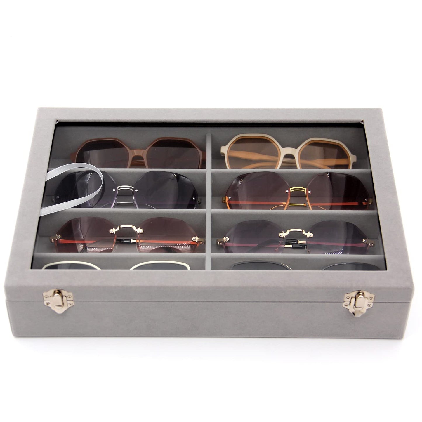 KLOUD City Luxury Sunglasses Organizer - 8 Slot Velvet Jewelry Storage Case with Clear Glass Lid | Dustproof, Scratch-Resistant Display for Glasses & Watches | Elegant Gift Box (14"x9.5")