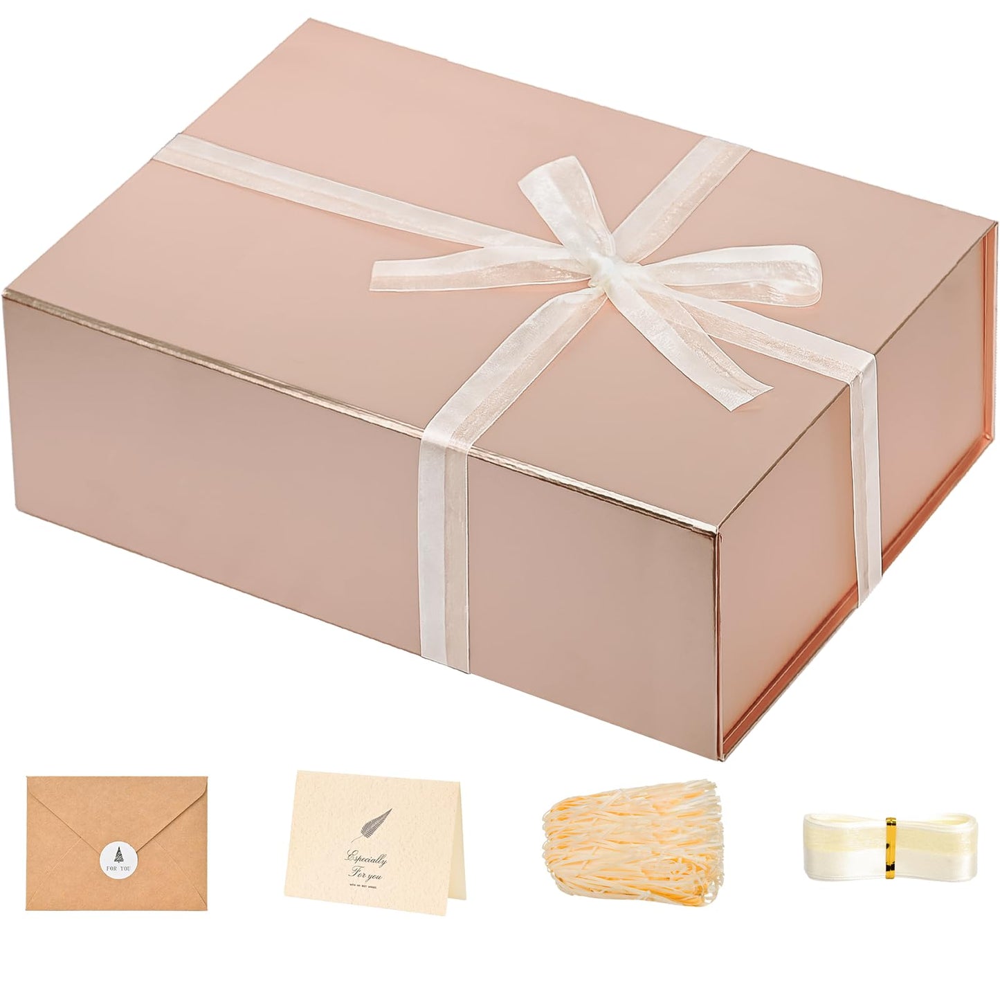 LIFELUM Gift Box for Presents 13.8'' x 8'' x 4.45'' Rose Gold Luxury Gift Box with Magnetic Lid Gift Boxes Contains Card, Ribbon, Shredded Paper Filler Gifts for Women (1Pcs)