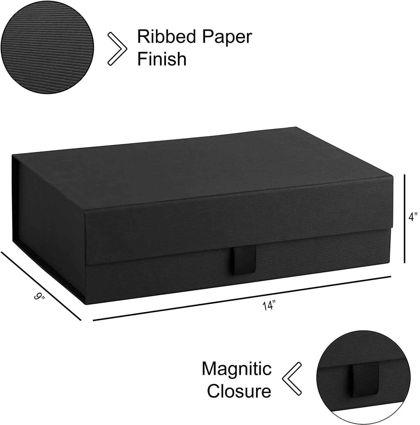 Purple Q Crafts Black Ribbed Hard Gift Box With Magnetic Closure Lid 14" x 9" x 4" Rectangle Favor Boxes With Classy Black Finish (1 Box)
