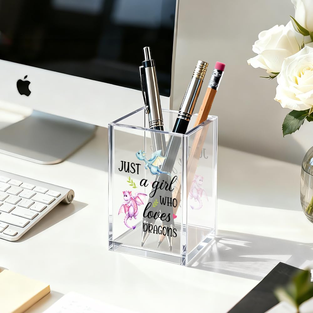 Gkodw Just A Girl Who Loves Dragons Acrylic Cosmetic Organizer Pen Holder, Funny Acrylic Desk Holder Cup for Pen Pencil, Christmas Birthday Gifts for Dragon Lovers Daughter Lady Women Coworker Boss