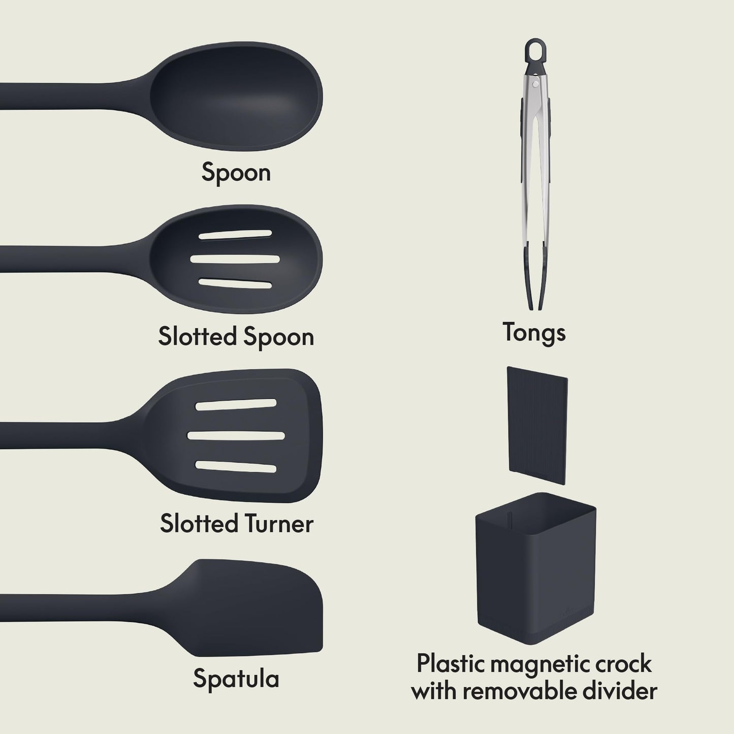 bella 6-Piece Modular Tool Set, Silicone, Turner, Spoon, Slotted Spoon, Spatula, Tongs, Crock with removable divider, Non-toxic*, Food-grade, Heat safe to 425°F, Dishwasher Safe, Oatmilk