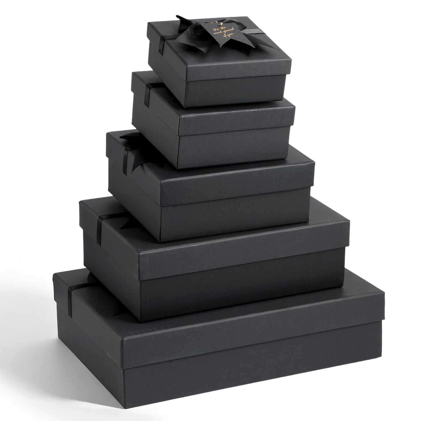 Afgaogw 5 Pack Black Nesting Gift Boxes with Lid, 5 Sizes Luxury Wrapping Boxes with Ribbon Bows & Label for Valentine's Day, Birthday, Weddings, Mother's Day & Thanksgiving Presents, 13.7'' to 5.1''