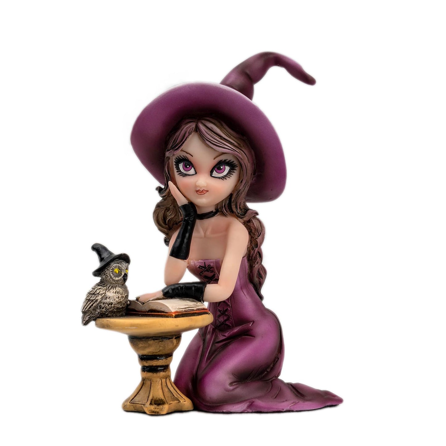 Mystical Purple Witch Resin Statue with Owl & Spell Book - Halloween Witchcraft Decor, Whimsical Gothic Home Accent, Fantasy Collectible Figurine for Desk, Shelf & Office, Unique Wiccan Altar Decor