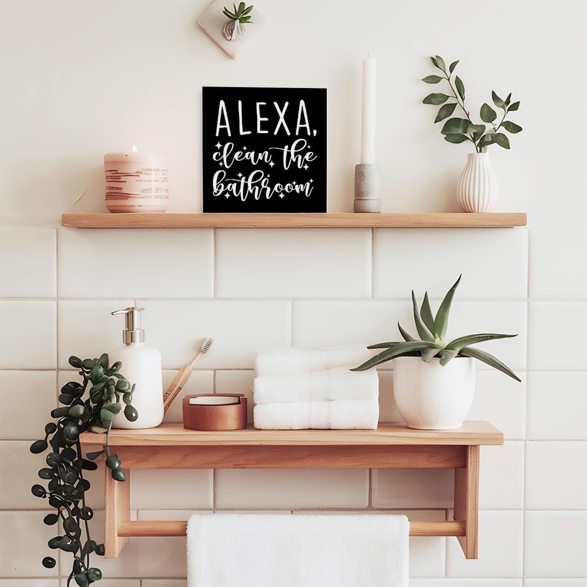 Funny Black Wood Sign Alexa Clean the Bathroom - Wooden Block Sign for Shelf, Toilet, Restroom, Home, Tabletop, Desk Decor - Farmhouse Style