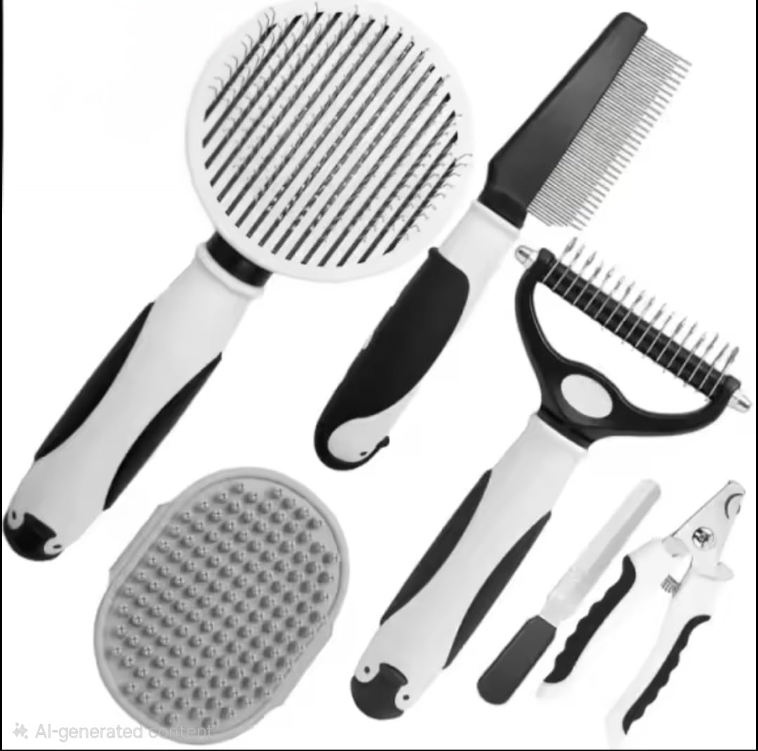 Dog Grooming Kit for Dogs at Home, 6-in-1 Pet Grooming Kit with Slicker Brush, Dematting Tool, Stainless Steel Comb, Nail Clipper for Dogs, Nail File & Bath Massage Glove