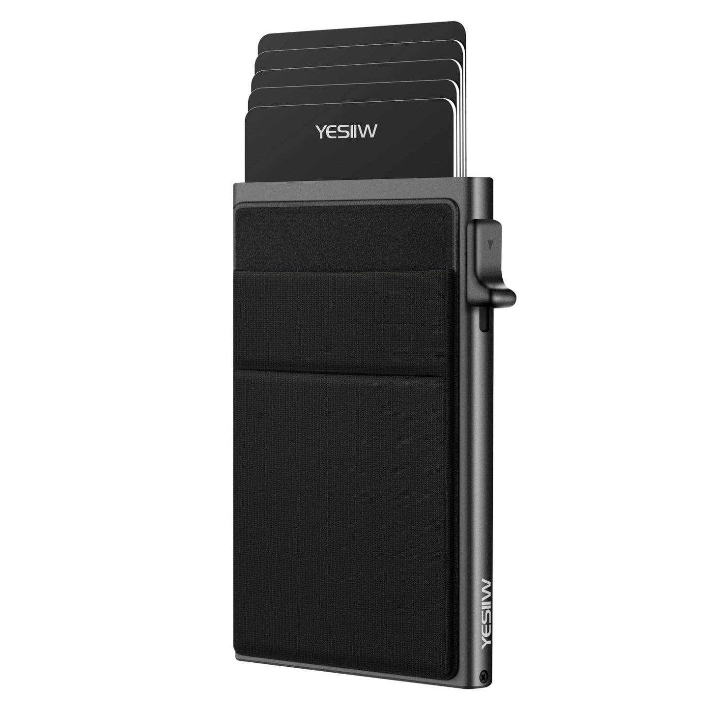 YESIIW Slim Wallet for Men - Pop up Card Holder RFID Blocking Minimalist Business Credit Card Wallet with Money Pocket Metal Card Case for Notes and Coins and Debit Cards Black