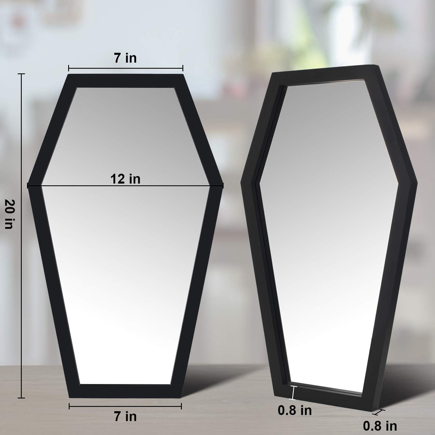 Gothvanity Gothic Coffin Wall Mirror - Spooky Dark Decor for Bedroom Living Room Bathroom, Wooden Sturdy Large Black Mirror with Hooks, Ready to Hang 20x12 Inches