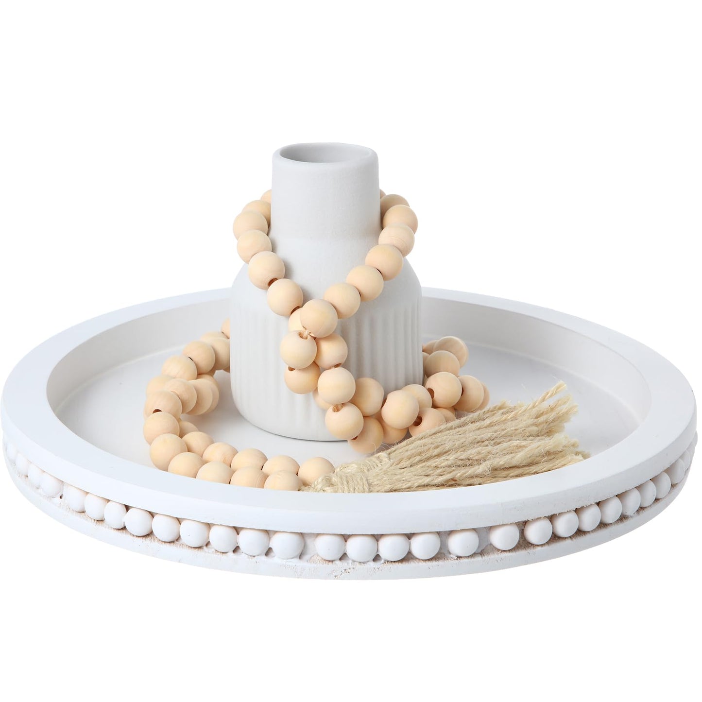 Tiangrid 3 Pieces Rustic Country Style Tabletop Centerpieces, Bohemian Style Ceramic Vase with Wooden Tray, Wooden Bead Garland, Tassel Table Stand for Home Decoration