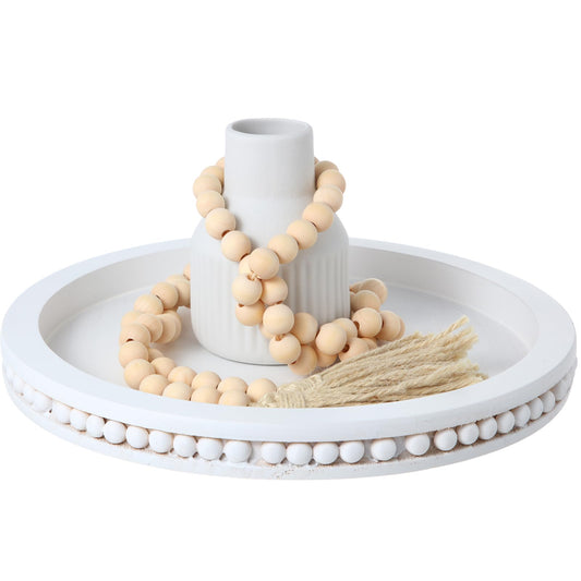 Tiangrid 3 Pieces Rustic Country Style Tabletop Centerpieces, Bohemian Style Ceramic Vase with Wooden Tray, Wooden Bead Garland, Tassel Table Stand for Home Decoration
