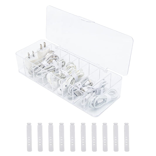 WIWAPLEX Cable Organizer Storage Box Plastic Cable Cord Management Box Power Cord Organizer Case with 10Pcs Rubber Ties for Office, Home, Desk Accessories Storage Stationery Supplies