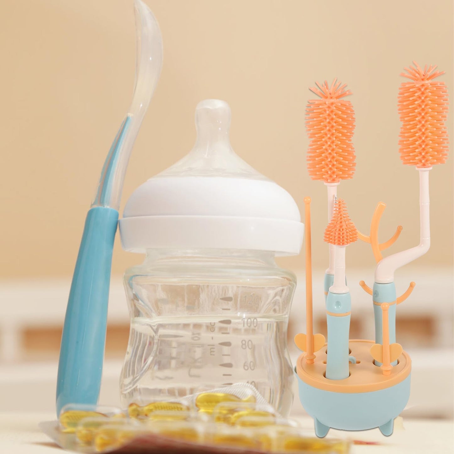 NAMOARLY Bottle Brush Set with Straw Cleaner and Pacifier Brush for Feeding, Blue Plastic Handle, Multi-Piece Household Bottle Cleaning Kit with Drying Stand for Travel and Daily Use