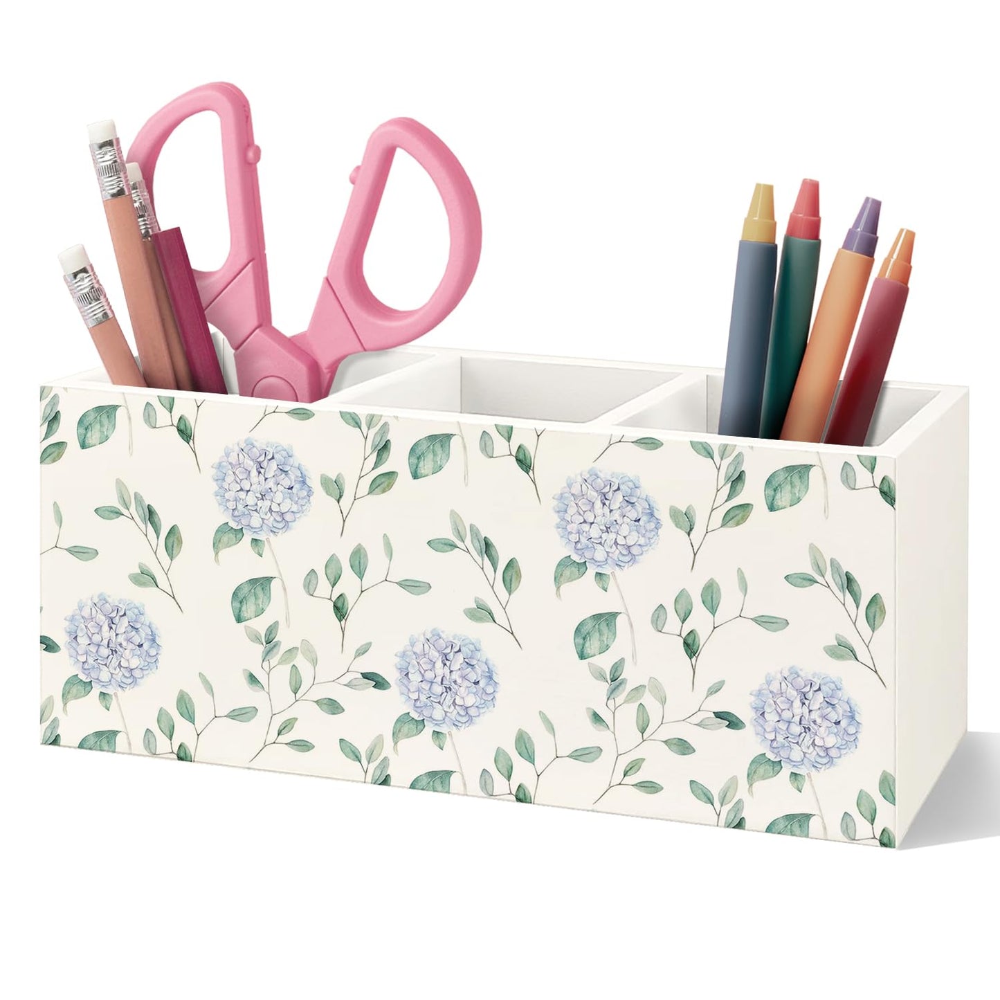VIIJJUE Hydrangea Gifts Wooden Pen Pencil Holder, Hydrangea Gifts for Women, Blue Flowers Decor Wooden Makeup Brush Toothbrush Holder Organizer for Home Office Desk Table Shelf