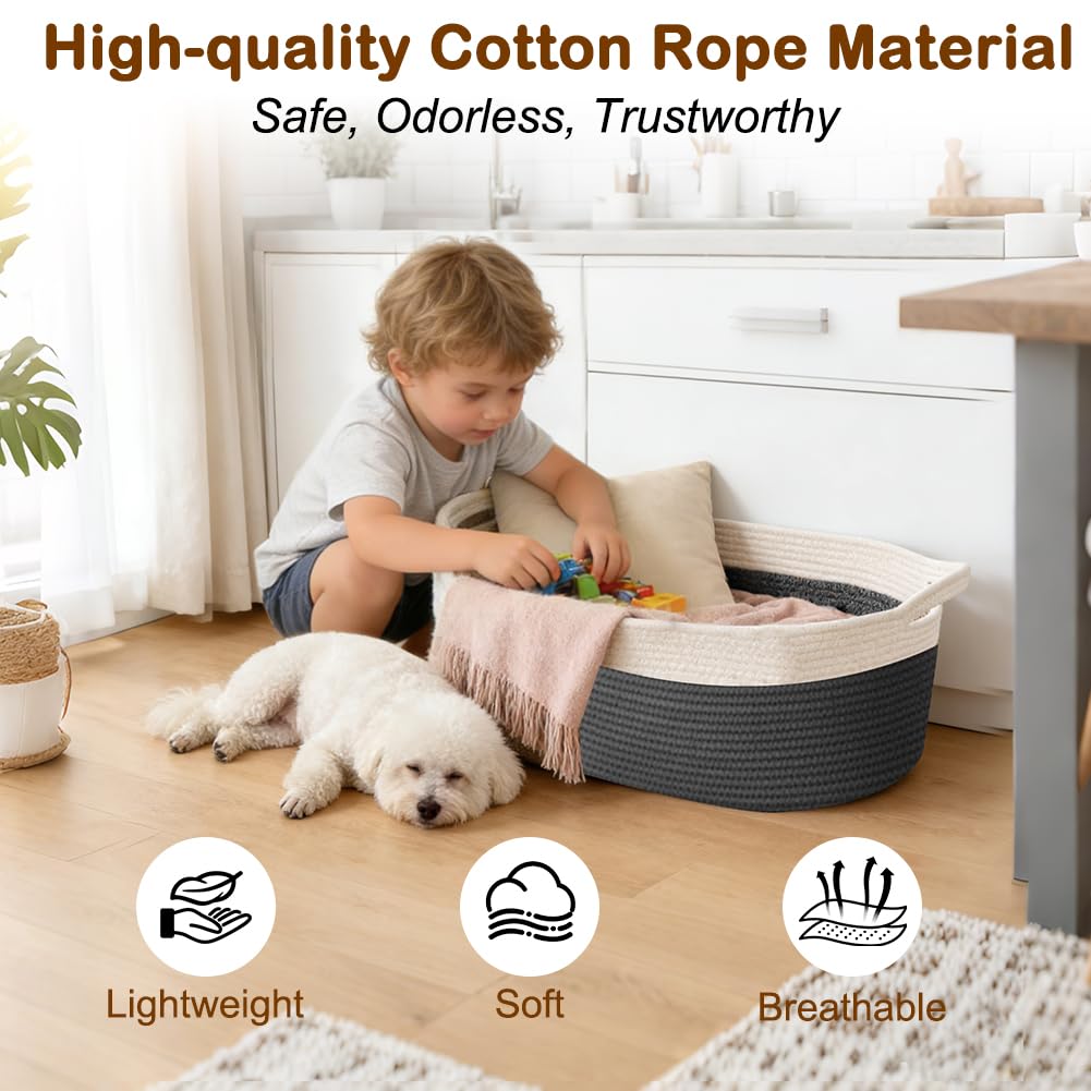 SZEE 2 Pack 30L Large Dog Toy Basket, Nursery Blanket Storage Basket for organizing, Woven Blanket Storage for Living Room, Laundry Basket with Triple-Reinforced Handles, 19.7"×11"×7.9", Brown+Gray