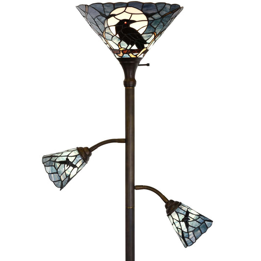 Bieye L10957 Raven Sitting on Bare Tree Branch in Full Moon Night Tiffany Style Stained Glass Torchiere Floor Lamp with Sidelights for Reading Home Decor, 70-inches Tall (Dark Blue)