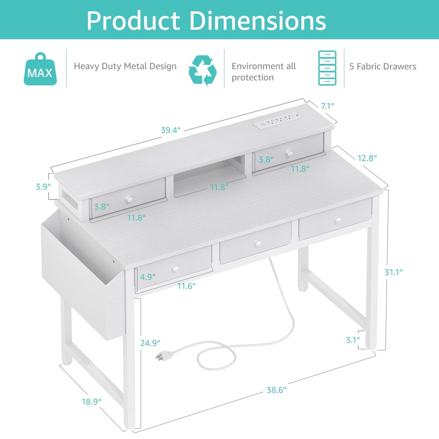 Lufeiya White Computer Desk with Fabric Drawers for Home Office, 40 inch Vanity Makeup Desk with Drawers Storage for Bedroom, Writing Study Table with Power Outlet & Monitor Stand, White