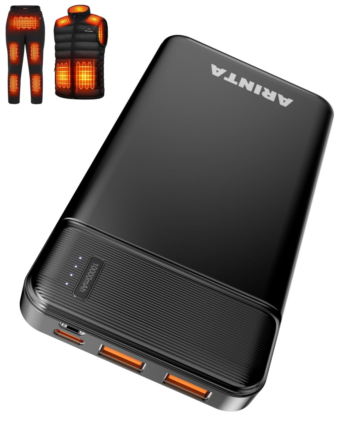 ARINTA Power Bank Battery Pack for Heated Jacket & Vest, Portable Charger 10000mAh PD 22.5W, Ultra Slim with USB-C Input/Output, Compatible for Smartphones & Tablets, Gifts for Men Women. (Black)