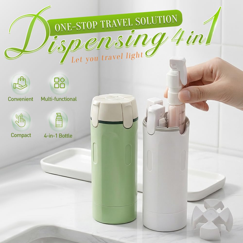 NOGCAW 4-in-1 Travel Dispenser Bottle Refillable, 2026 New 4 Pack 30ML Travel Bottles for Toiletries, Leak Proof Travel Size Containers, Shampoo and Conditioner Bottles (Green+White) (Green)