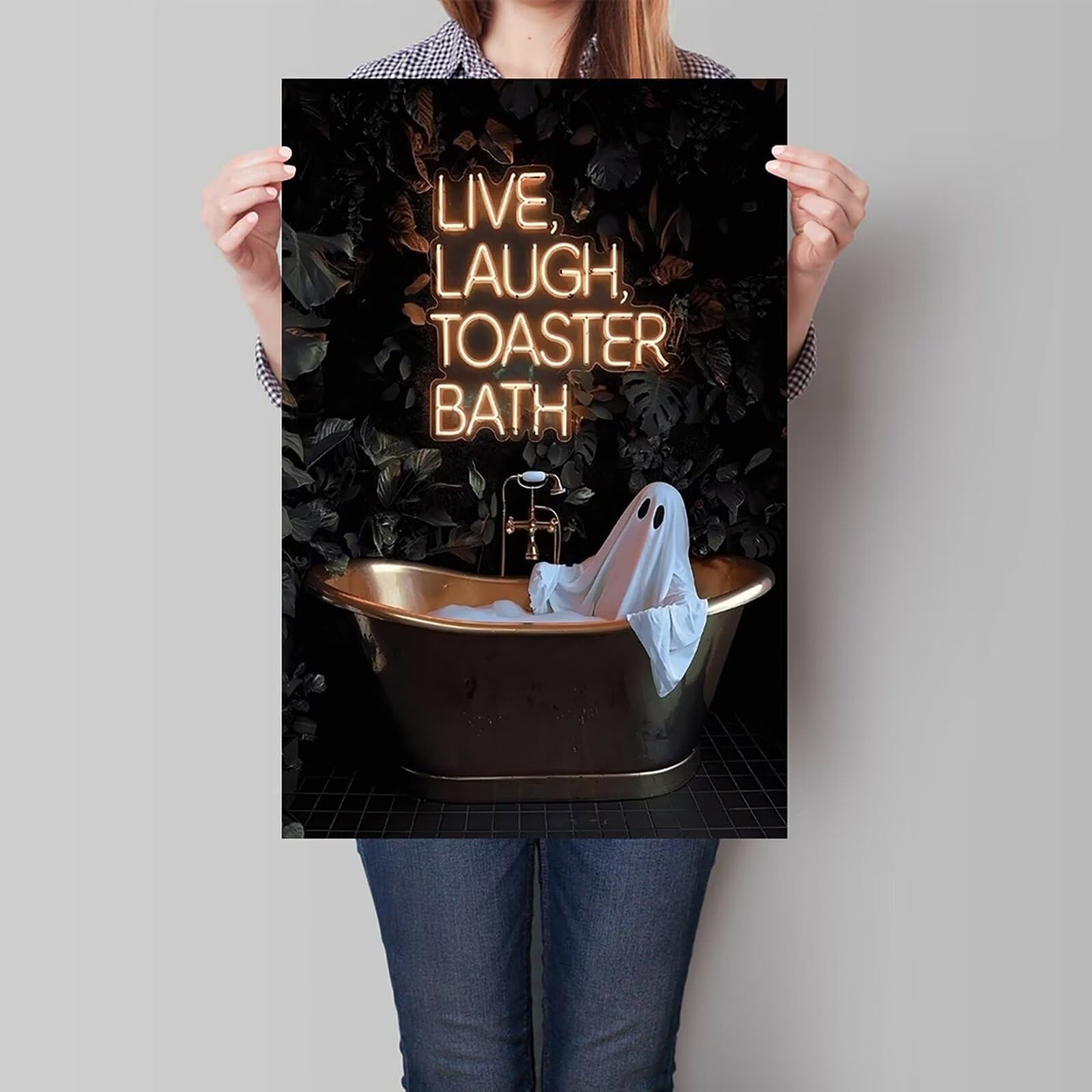 Live Laugh Toaster Bath Neon Poster Spooky Cute Ghost In Bathtub Wall Art Funny Halloween Gothic Dark Academia Canvas Print Vintage Quirky Painting Home Artwork Aesthetic 12x16inch Unframed