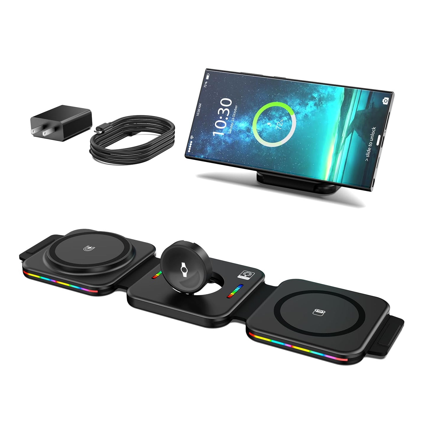 Magnetic Wireless Charger for Samsung, 3 in 1 Charging Station for Samsung Galaxy S26 Ultra/S25 Ultra, Magnetic Foldable Charger for Travel, Wireless Charging Pad for Galaxy Watch 8/Ultra/Buds 4/4 Pro