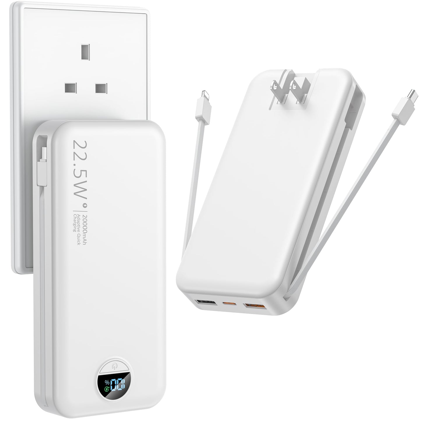 Ffnpua Portable Charger with Wall Plug, 20000mAh USB C Power Bank Fast Charging, External Battery Pack with Built in Cables, Digital Display, 5 Output 2 Input for iPhone Android Cell Phone Tablet