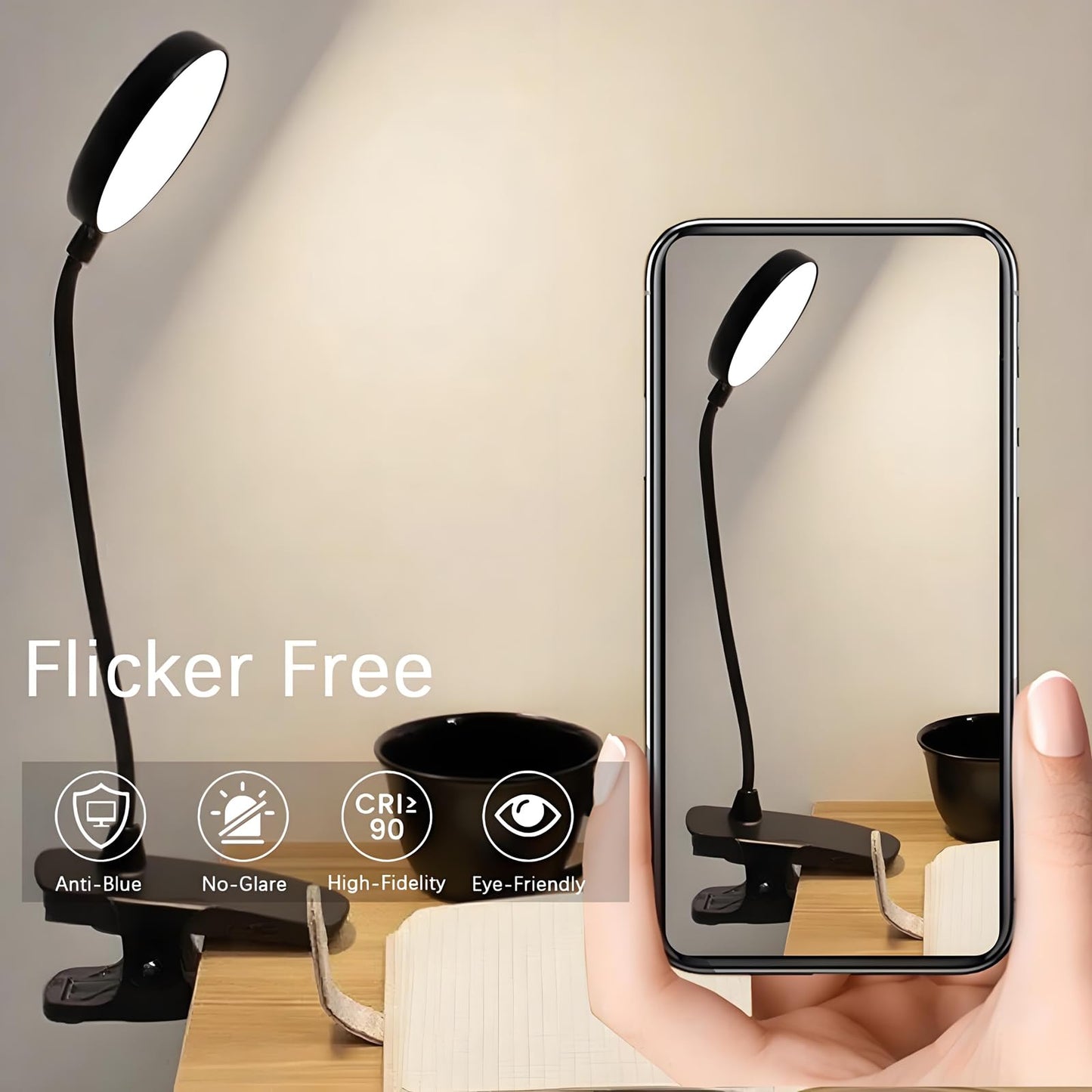 Dorm Room Essential Clip on Light, 3 Color Portable Desk Light Mini Clip Lamp, Battery Operated Small Desk Lamp with Clamp, Lightweiht Reading Lights for Books Bunk Bed Headboard Girls Guys Boys Black