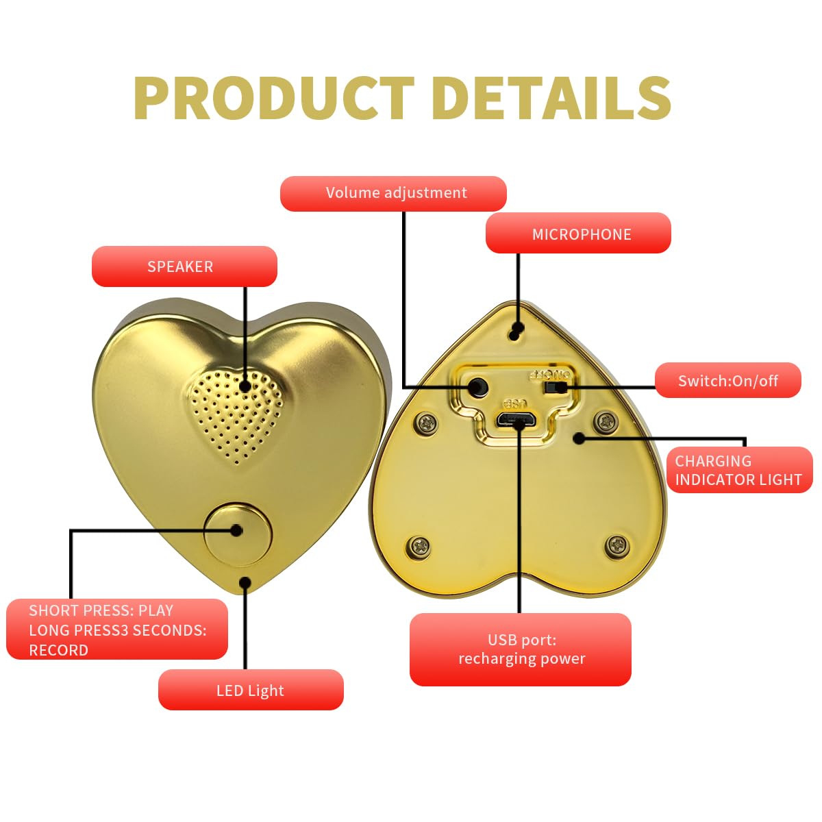 350s Voice Box Recordable Presents Button Sound Box for Stuffed Animals, Voice Recorder for Mother's Day Valentine Christmas Plush Toy,Manual DIY Creative Sound Present for Boys Girls (Gold)