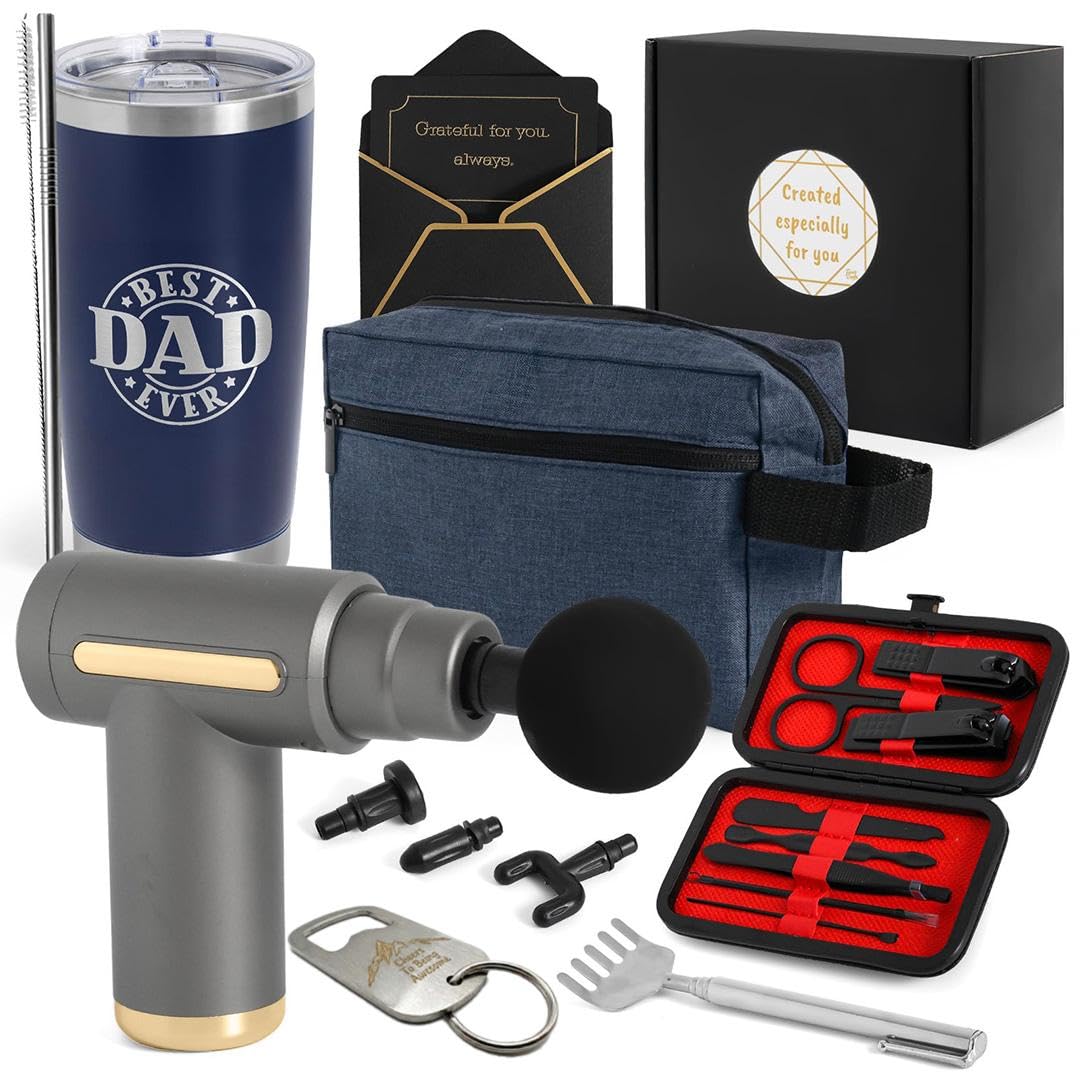 Fairly Dunn Luxury Dad Gift Box with Deep Tissue Massage Gun – Ultimate 7-Piece Birthday Set Includes 20oz Tumbler, Toiletry Bag & Grooming Kit – Premium Father’s Day Gift Basket