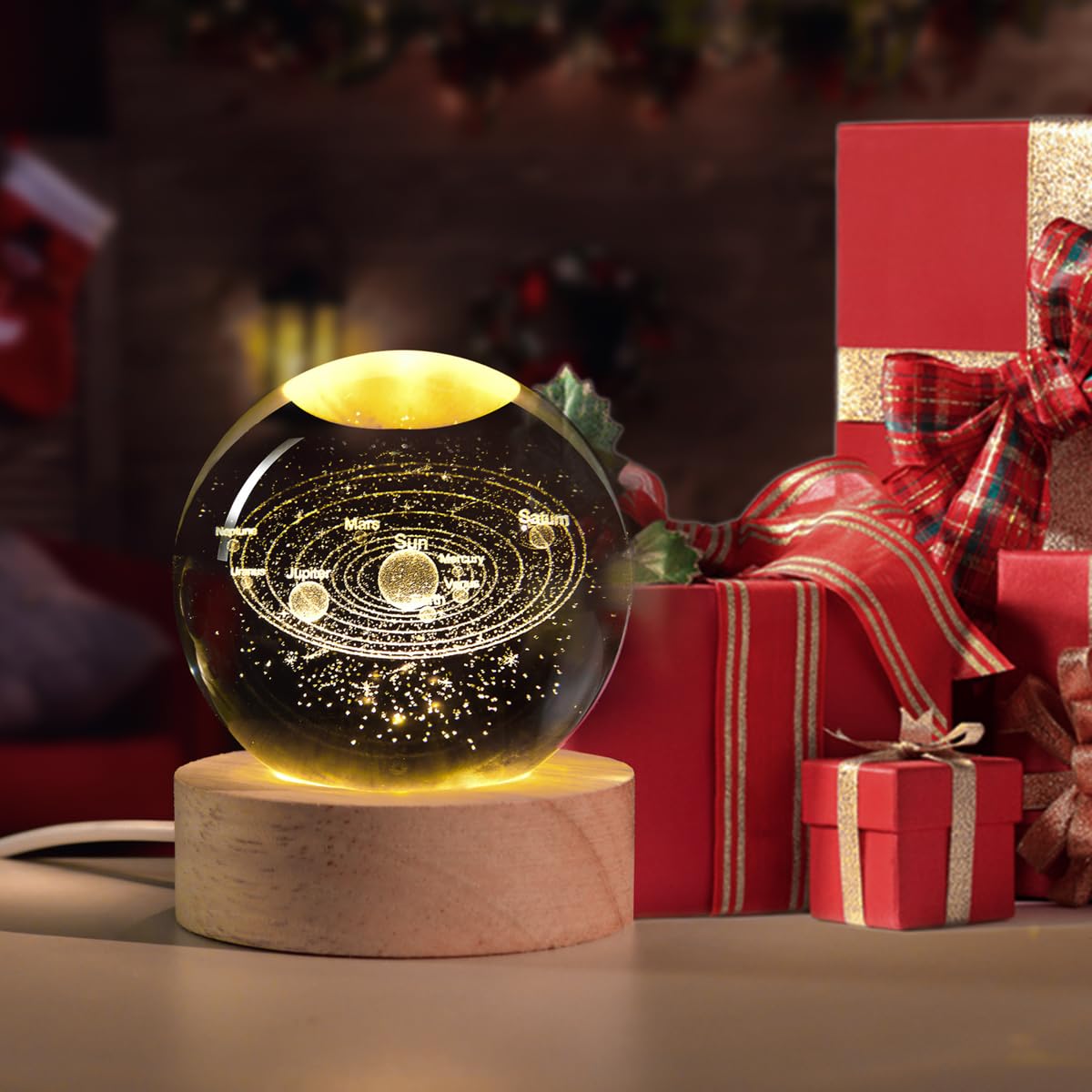 QIANCHANG Solar System 3D Crystal Ball with LED Stand, 60mm Galaxy Model Decor Glass Sphere Lamp Night Light, Space Universe Astronomy Gifts for Women Men Mom Kids