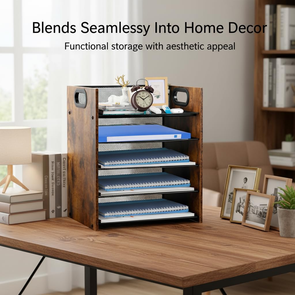 Boershun Wood Desk Organizer - 5-Tier Desktop File Organizer, Wooden Paper Tray, Office Desk Organzier and Accessories for Papers, Mail, Notebooks, Stationery