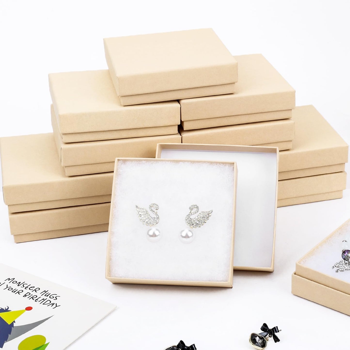 batifine Jewelry Gift Boxes, Cardboard Jewelry Boxes, 40 Pack 3.5x3.5x1 Inch, Bulk Cotton Filled Small Jewelry Boxes with Lids for Necklace Ring Bracelet Earring Display Box (Brown)