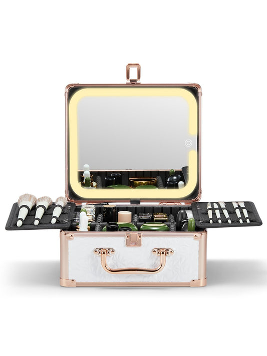 Qislee Makeup Box with A Detachable Lighted Mirror, Waterproof Travel Train Case, Cosmetic Organizer and Makeup Suitcase with Adjustable Dividers, Magnetic LED Mirror(Bright White)