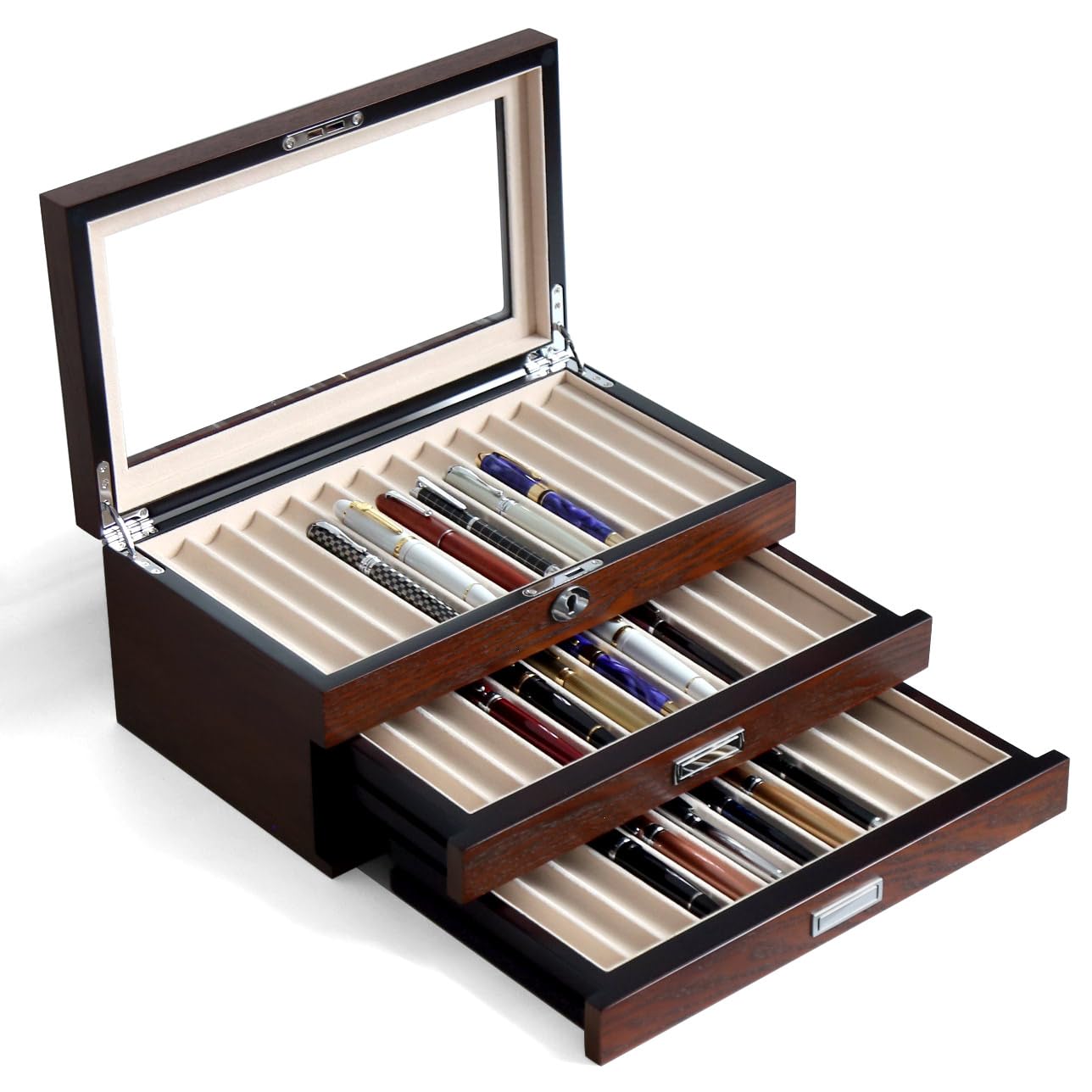 Bonaking Pen Display Case with 36 Pen Slots, Fountain Pen Case, Wood Pen Storage Organizer, Pen Box Display for Men Gift, Pen Collector with Glass Window(Brown ash Veneer Finish, Creamy-White Velvet)