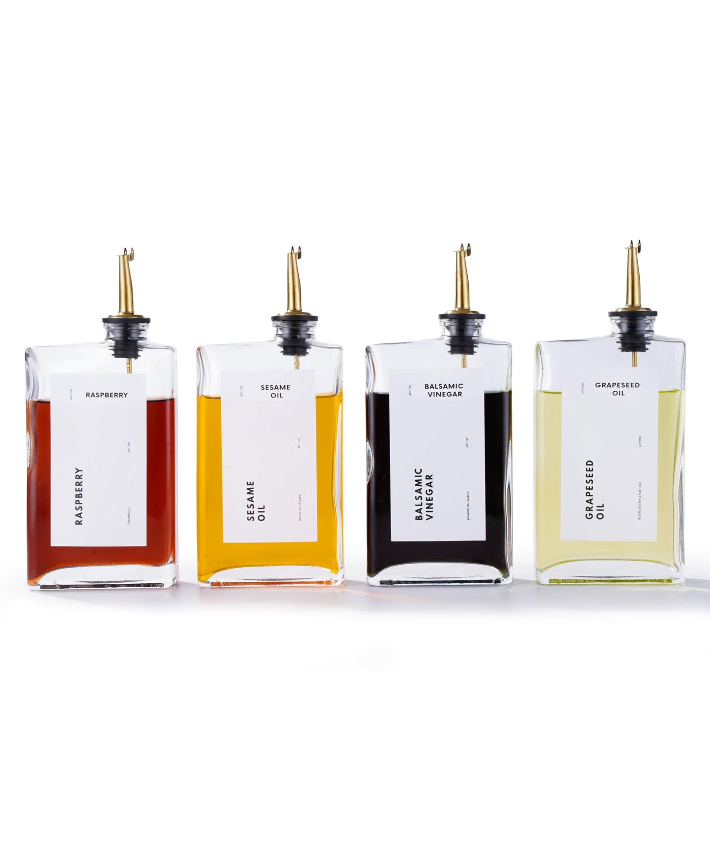 APT 1101 Olive Oil Dispenser for Kitchen, Cooking Oil and Vinegar Dispenser Set, Olive Oil Bottle, Soy sauce dispenser, coffee syrup bottles with stainless steel pourers (Gold, Set of 4)