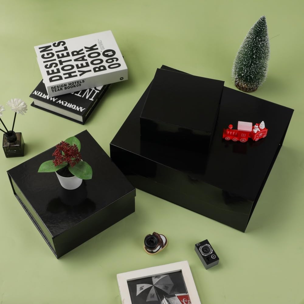 PACKGILO 1 Pcs Black Gift Box Large 13x11x5.3 Inch Black Magnetic Boxes with Crinkle Paper Red Large Gift Box with Shredded Paper Luxury Gift Boxes with Lids for Presents