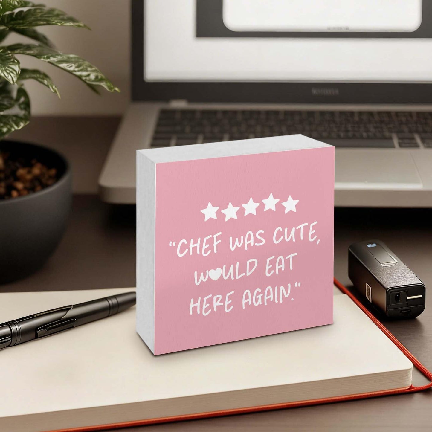 GWOKPAAI Pink Kitchen Accessories Wooden Box Signs Desk Decor, Chef Gifts for Women,Chef Was Cute Would Eat Here Again Wooden Signs Desk Decorations for Kitchen Dining Room Tabletop Shelf Wall,5x5in