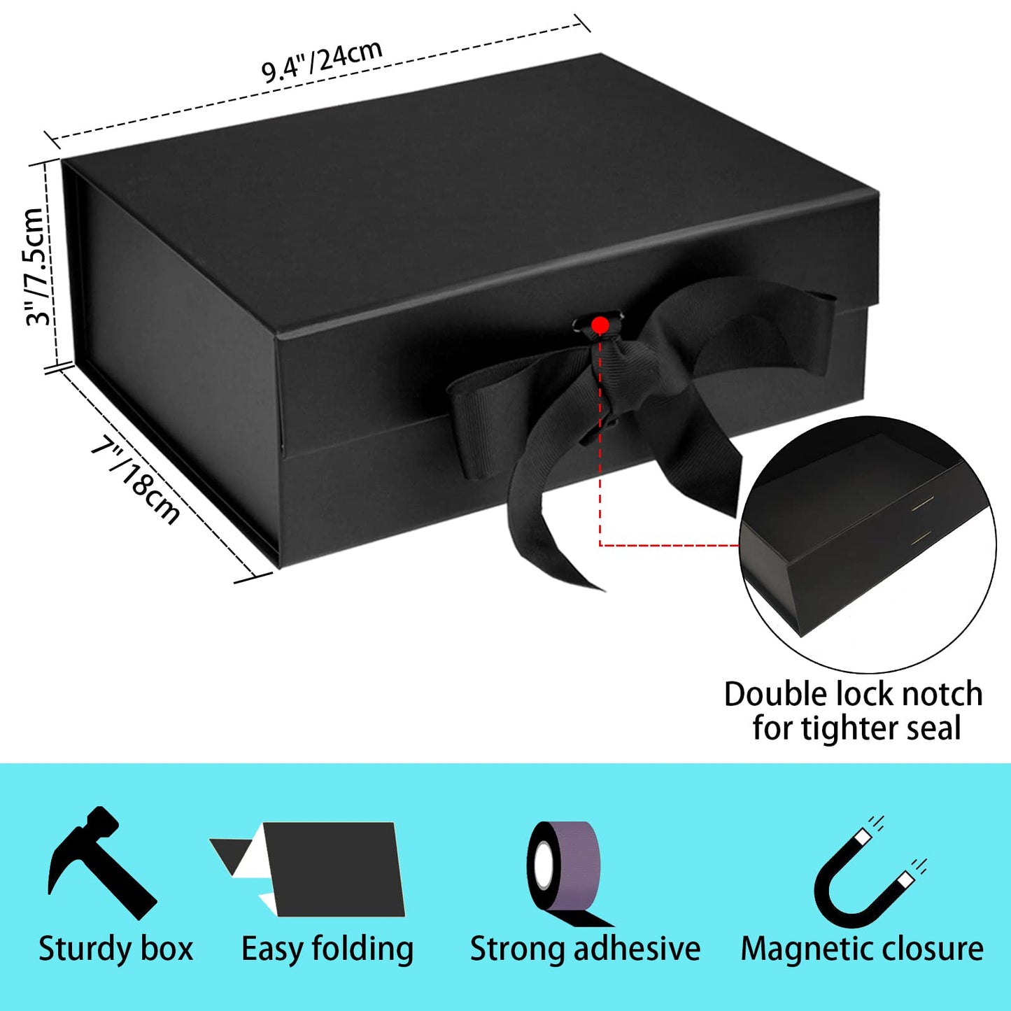 RUIFYRAY Black Luxury Magnetic Gift Box with Lid, Ribbons and Gift Bag, Medium Size-9.4x7x3 Inches, Great for Christmas, New Year, Wedding, Birthdays, Man