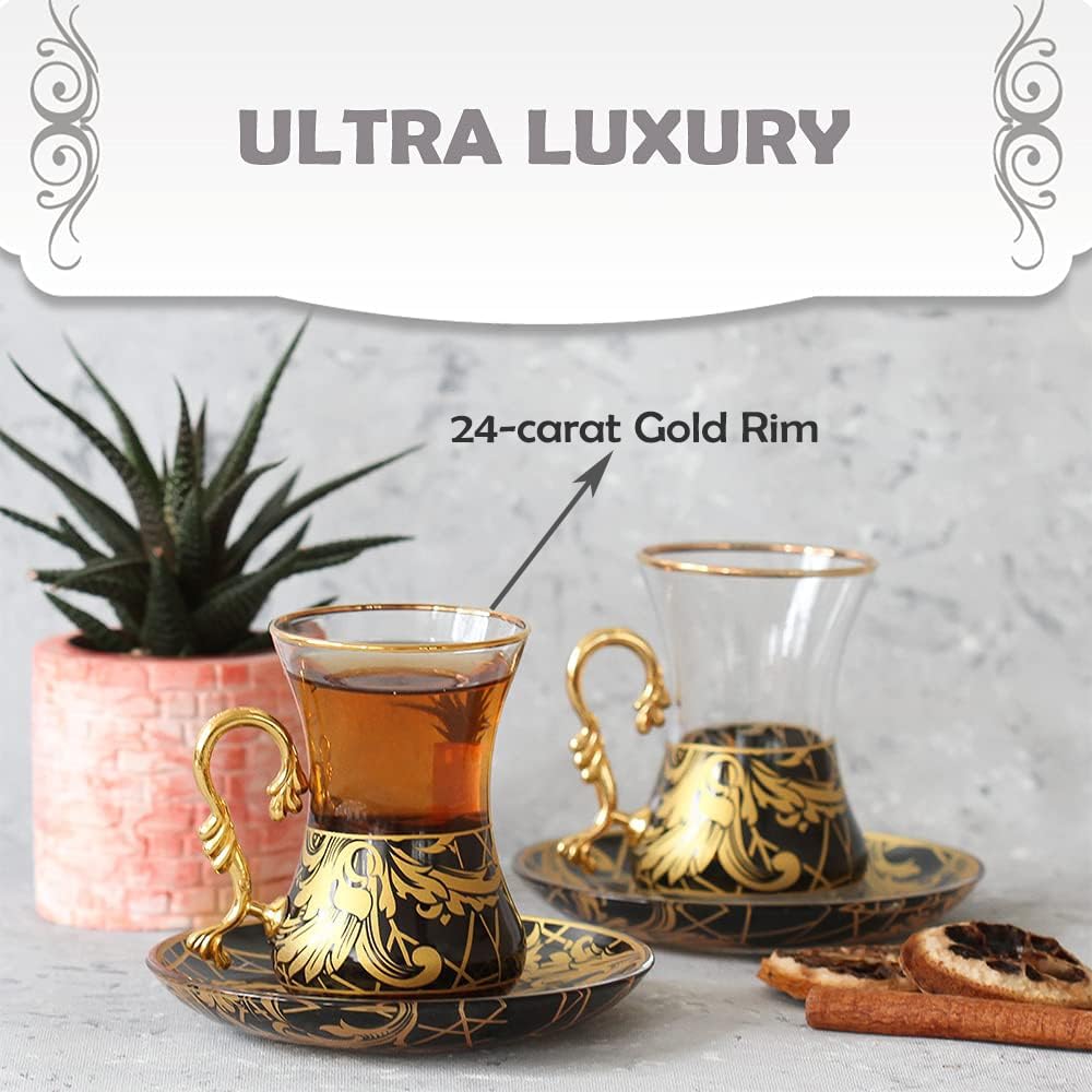Vissmarta Gold Vintage Turkish Tea Glasses Cups and Saucers Set of 6 Drinking Glassware Party Adults Fancy Serving Coffee Tray Drinks Kettle Women Christmas Gift Teacup Handle Moroccan Drinkware Rim