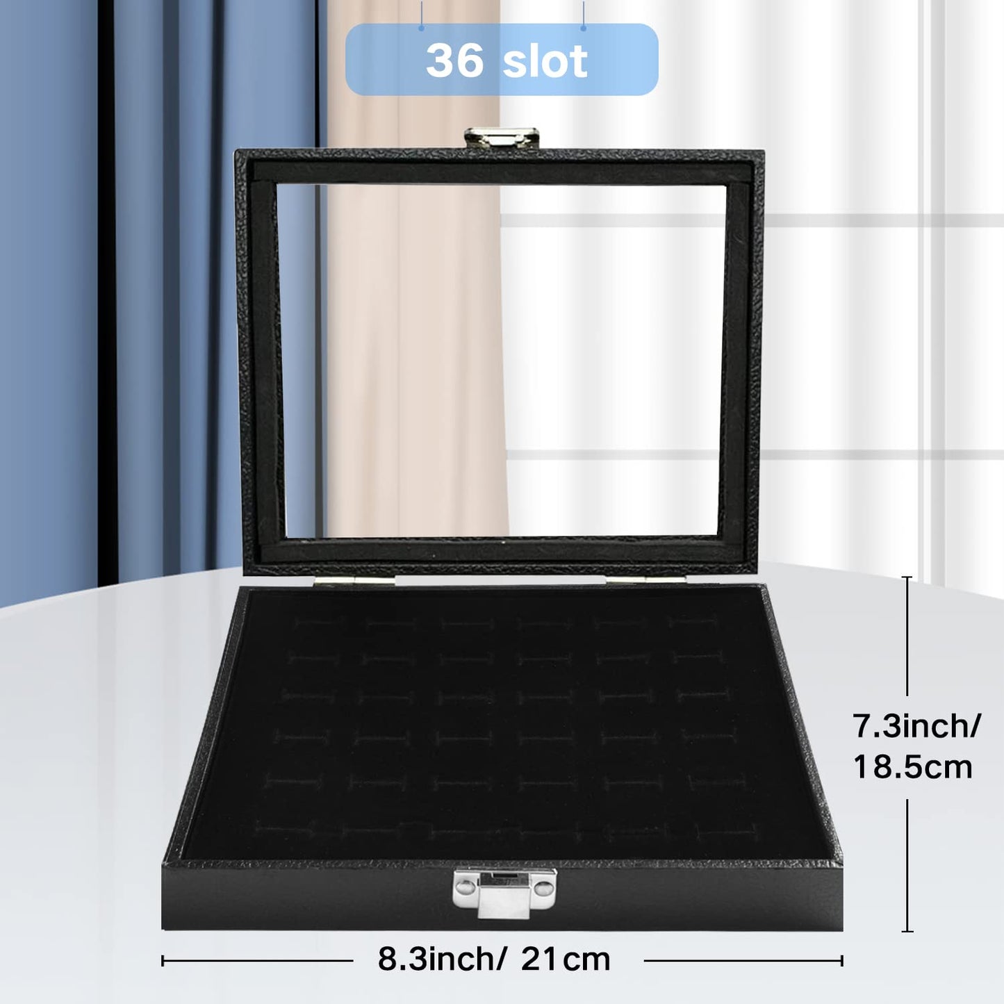 Ring Jewelry Organizer Box, 36 Slots Rings Display Storage Case Earring Showcase - Black Velvet Jewelry Stand Holder Tray with Transparent Glass Lid - Ideal Gift for Women Girl