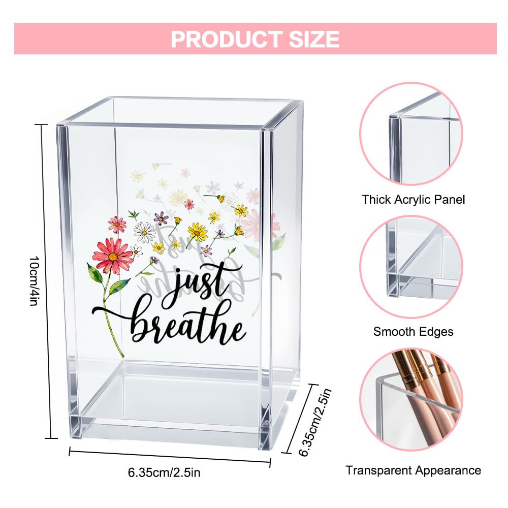 Vgrti Just Breathe Acrylic Cosmetic Pencil Pen Holder Cup, Inspirational Dandelion Desk Organizer Accessories for Home Office Decor, Encouragement Gifts for Women Girl Coworker Daughter Yoga Teacher