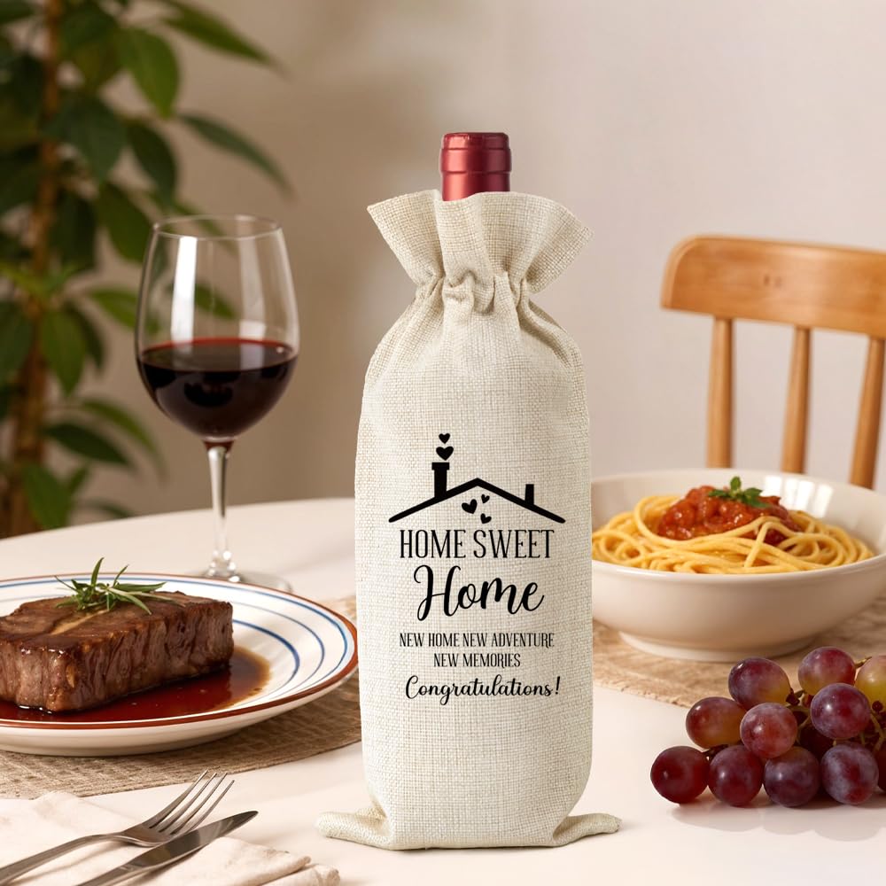 WHTYEFZ Home Sweet New Home New Adventure New Memories Canvas Wine Bag, Housewarming Theme Reusable Tote Gifts for New Homeowner, Housewarming New Beginning Gifts for Sister Friend Neighbor Wine Lover
