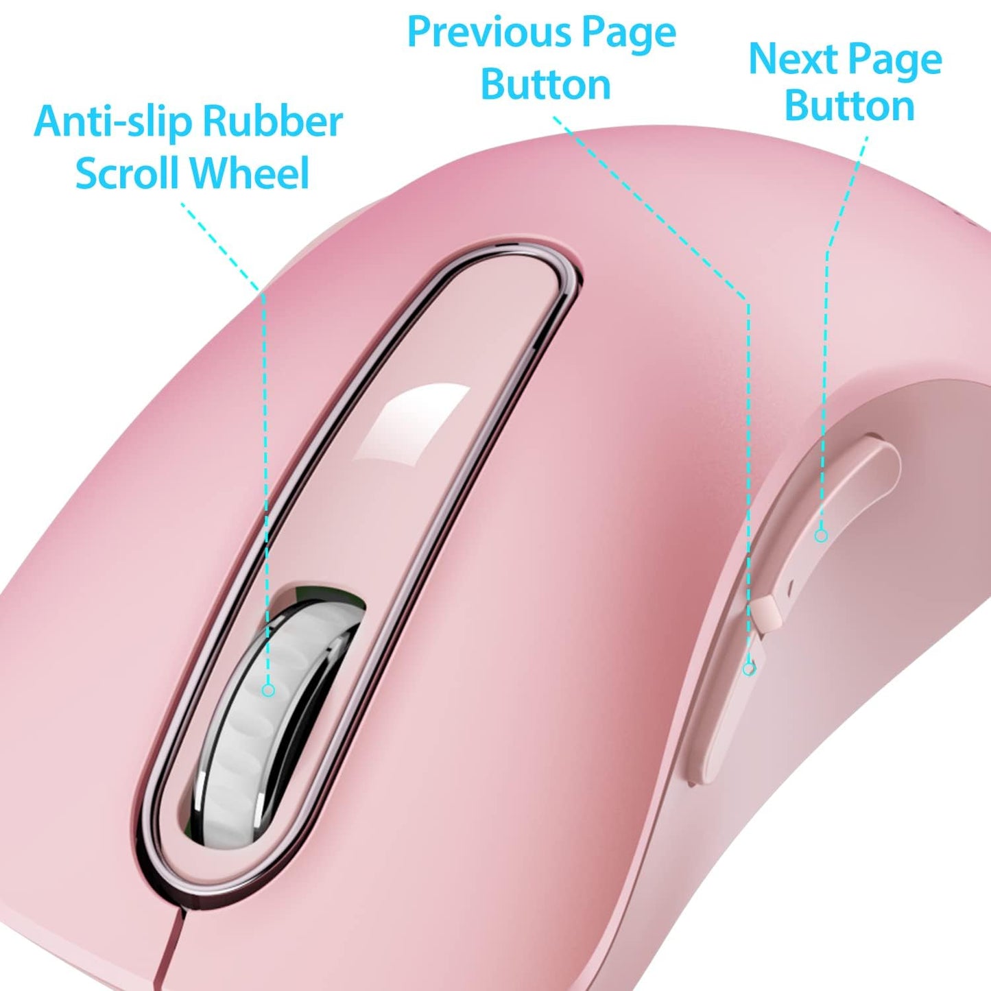 memzuoix 2.4G Wireless Mouse, 1400 DPI Mobile Optical Cordless Mouse with USB Receiver, Portable Computer Mice for Laptop, PC, Desktop, MacBook, 5 Buttons (Pink)