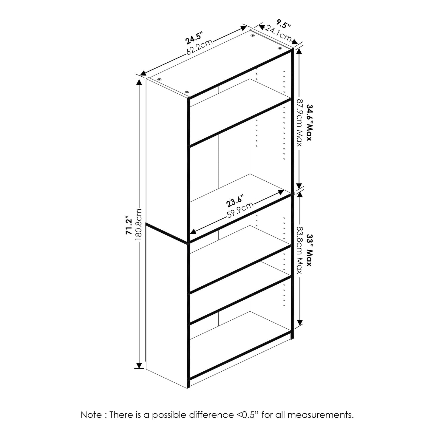 Furinno Jaya Book Shelf, 5-Tier Bookshelf, Bookcase with Adjustable Shelves, 9.5 x 24.5 x 71.2, for Organization and Storage, for Living Room, Bedroom, Home Office, Blackwood