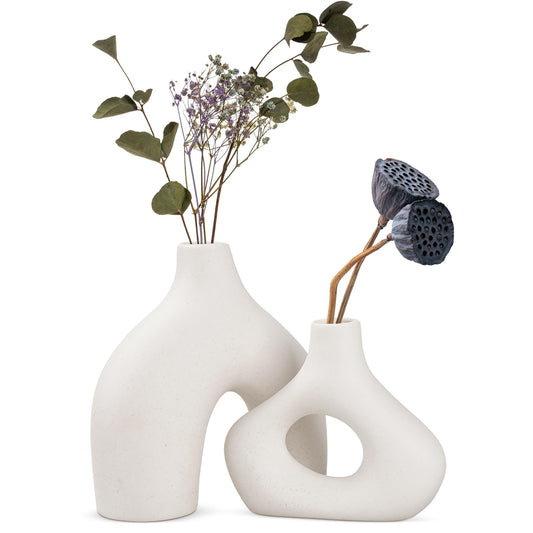 White Ceramic Vase Set of 2 - Minimalist Nordic Style, Matte Donut Vases for Pampas Grass, Ceramic Hollow Donut Vase Decor, Flower Vases for Living Room Wedding Coffee Table Bookshelf Office Decor
