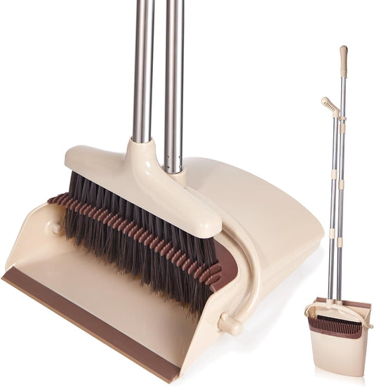 XXFLOWER Broom and Dustpan Set with Long Handle, Light Weight Stainless Steel Poles Stand Upright Dustpans with Broom Combo for Home Kitchen Office Pet Dog Hair, Brown & Beige Color, 1-Pack