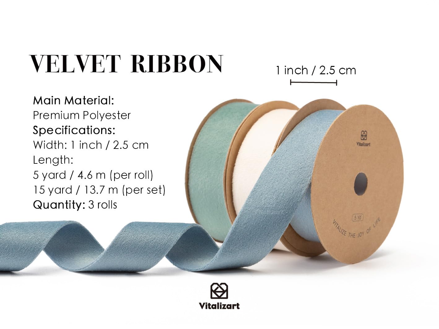 Vitalizart Velvet Ribbon Set 1 Inch Double Faced for Christmas Ornaments Gift Wrapping 15 Yards Wreath Decoration Bows Making Crafts Dusty Blue Green & Ivory