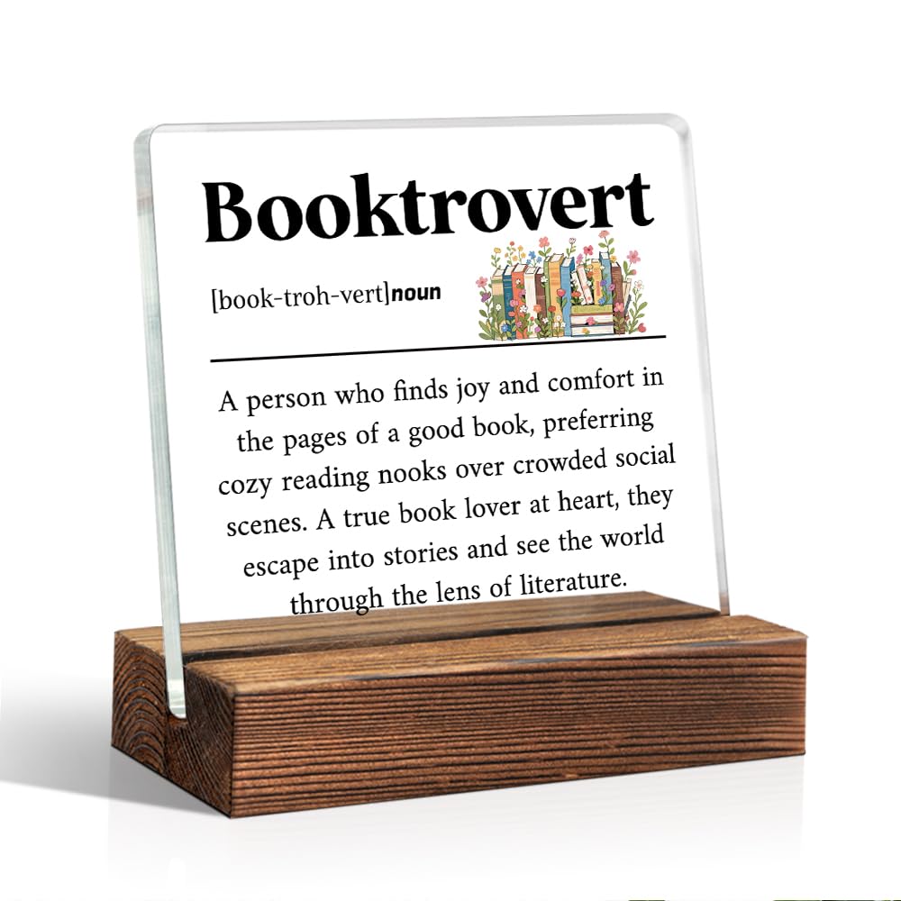 THEBESTU Booktrovert Definition Acrylic Sign with Wooden Stand, Book Lover Gifts for Women, Bookish Gifts for Bookworms Readers, Funny Teen Girl Bedroom D馗or, Library Decors?Librarian Nerd Decoration