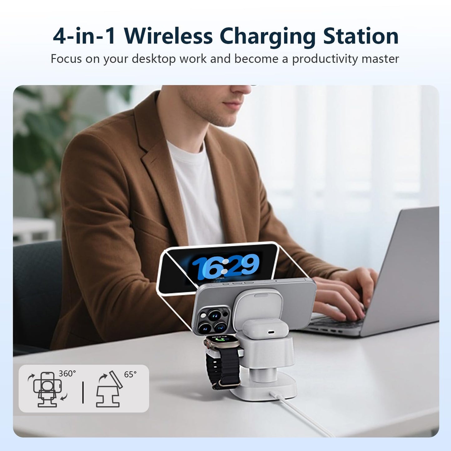 【2026 Upgraded】4 in 1 Wireless Charger, 3 in 1 Wireless Charging Station with Night Light for MagSafe Charger, 15W Magnetic Travel Stand for iPhone17/Air/Pro/Max/16/15/14/13/12, Apple iWatch, Airpods