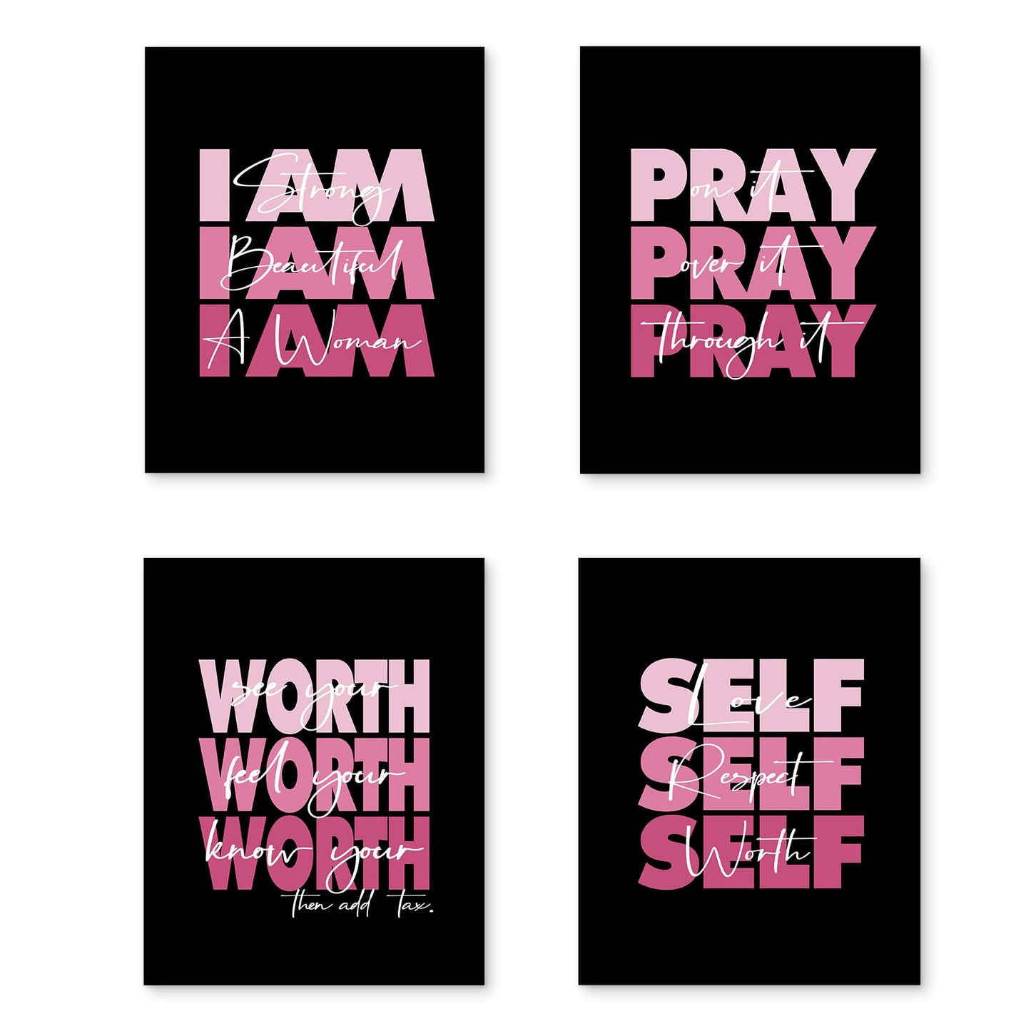 HUYAW Pink Woman Girl Inspirational Quotes Pray Worth Wall Art Prints Set of 4, Motivational Posters Gifts for Women Teen Girls Room Home Bedroom Office College Dorm Decor (Unframed), 8 x 10 In