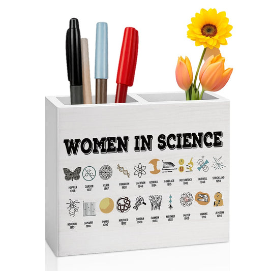 Women in Science Pencil Holder Decor Science Teacher Gifts Chemistry Theme Wooden Organizer Vase for Office Home Desk Table Teacher Appreciation Gifts for Office